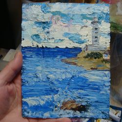 Nautical Art Lighthouse Painting Sea Waves Painting 5*7 inch Nautical Oil Painting
