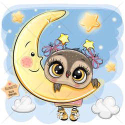 Cute Cartoon Owl PNG, clipart, Moon, Sublimation Design, Children illustration, digital clip art