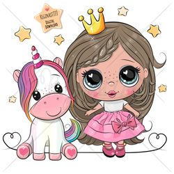 cute cartoon princess and unicorn png, clipart, sublimation design, children printable, illustration