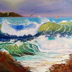 nautical oil painting nautical art 19*27 inch lighthouse picture sea waves painting