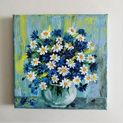 Impressive Acrylic Painting on Canvas of a Wildflower Bouquet with Daisies and Cornflowers