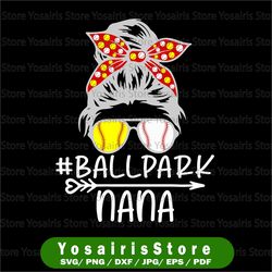 messy bun hair ballpark nana png, softball baseball mothers day png, baseball mom png, printable