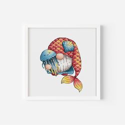 Jellyfish Cross Stitch Pattern, Gnome Mermaid Digital Pattern PDF, Ocean Modern Wall Decor Pattern,Hand Embroidery