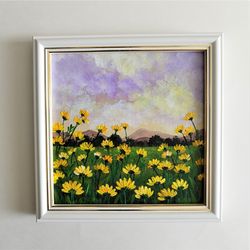Acrylic Painting of Landscape, Sunset with Yellow Daisies | Wildflower Art