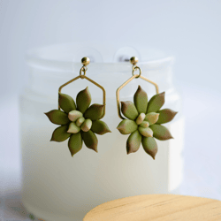 Green succulent earrings, Succulents flower earrings, Cactus earrings, Green floral jewelry, Botanical earrings