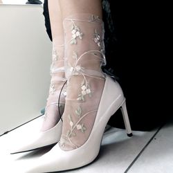 embroidered tulle socks womens mesh flowers | sheer floral socks white bridal aesthetic | nude lace socks retro