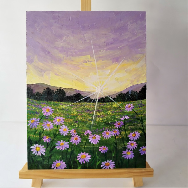 Acrylic Painting Landscape: A Field of Daisies at Sunset Art