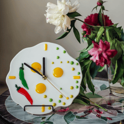 Unique wall clock eggs - Wall clock fused glass - Home decor for kitchen - Glass round silent clock for wall