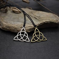 Triquetra black cotton cord necklace Celtic knot triquetra adjustable necklace Mens womens charm necklace