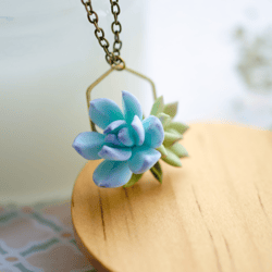 Green / Blue succulent necklace, Succulents flower jewelry, Cactus necklace, Green floral jewelry, Botanical necklace