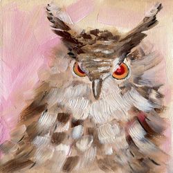 Owl oil painting on canvas magnet, hand painted magnet, kitchen decor, fridge magnet.