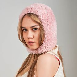 Balaclava mini. Hat made of fur yarn. Pink color