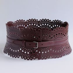 Genuine leather belt for woman 33.5"(85cm). Width 5". Wide leather belt in burgundy. Handmade.