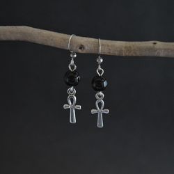 Ankh black onyx earrings Gemstone egyptian key cross ankh bronze silver earrings