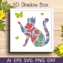 Cat with flowers shadow box svg, Animal 3d layered, Papercut template
