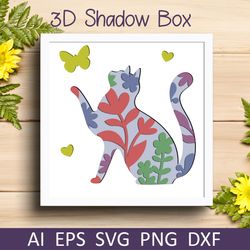 cat with flowers shadow box svg, animal 3d layered, papercut template