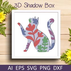Cat with flowers shadow box papercut template, 3d layered animal svg