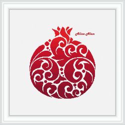 Cross stitch pattern kitchen Pomegranate silhouette ornamental monochrome fruit food counted crossstitch patterns PDF