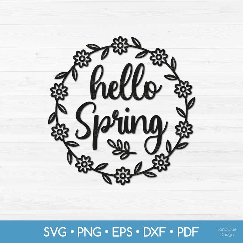 words hello spring with round frame