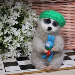 Felted sloth figurine, sloth with a bunny toy