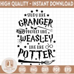 study like granger protect like wesasley live like potter svg,harry potter theme, harry potter print, harry potter party