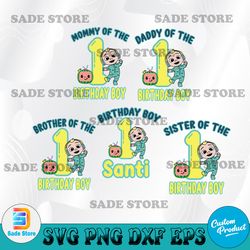 family members of the 1st birthday boy svg bundle, boy birthday svg, cartoon, custom name svg, png, dxf