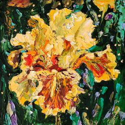 Iris painting Floral Original Art 6 by 6 Yellow flower impasto artwork by Natalia Plotnikova
