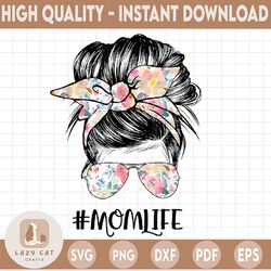 blue floral mom life mom bun png messy bun mom hair sublimation design downloads - mom bun - png transparent background