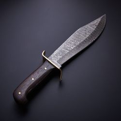 12 Inches Damascus Steel Tactical Camping Bowie Knife with Brass Guard and Dark Wood Handle