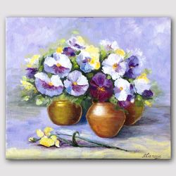 original handmade oil painting pansies floral wall art painting bedroom wall decor wall art viola flowers painting
