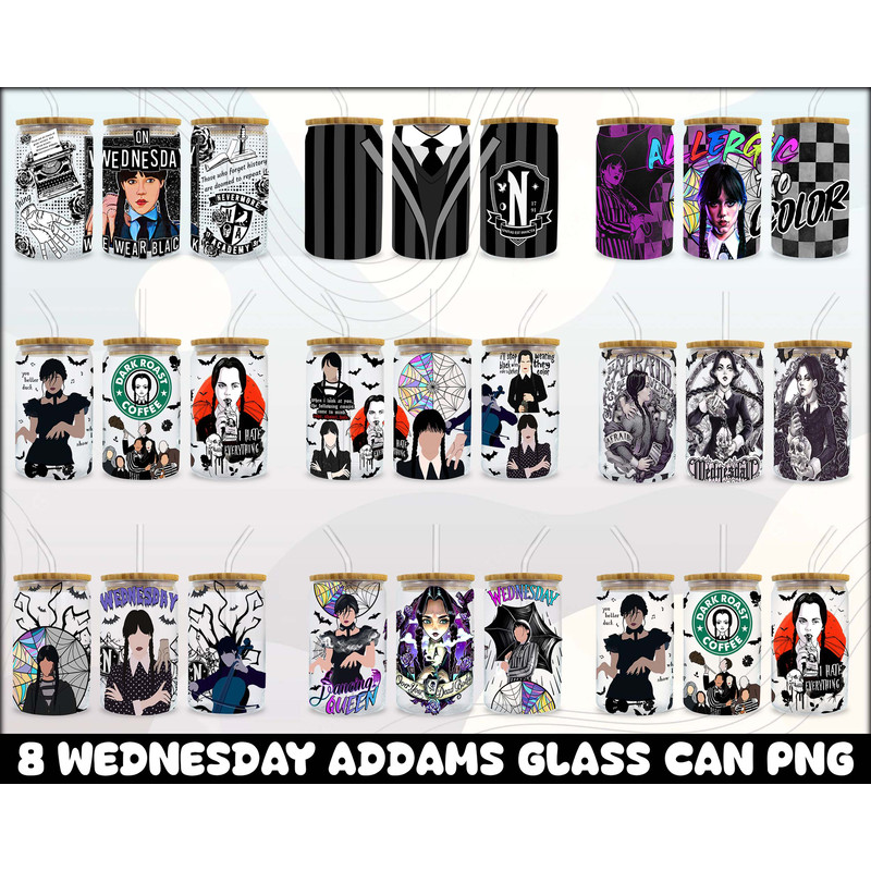 Wednesday Glass Wrap PNG, 16oz Libbey Can Glass, Full Can Wrap,Addams Sublimation Tumbler.jpg
