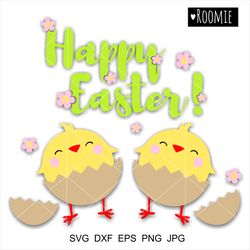 happy easter lettering with cute chickens svg, easter shirt design sublimation, easter clipart, easter egg chick birds