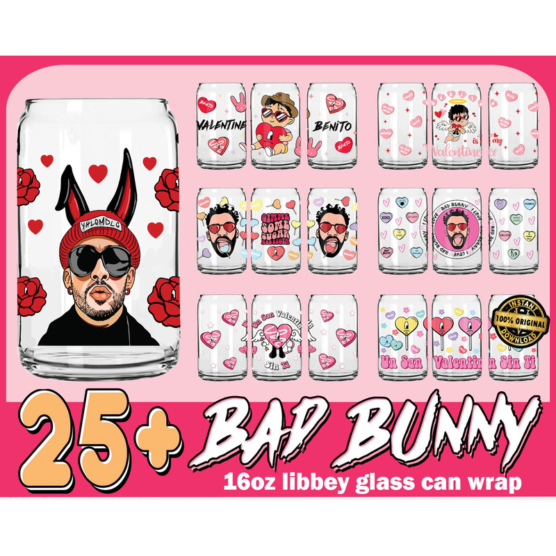25+ Valentine Bad Bunny Glass Can Wrap Png Bundle, Happy Valentine 16oz Libbey Glass Wrap.jpg