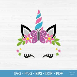 Spring Unicorn SVG  - Spring Design - Unicorn Face with Flowers and Butterfly SVG PNG DXF EPS PDF