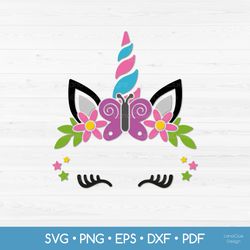 spring unicorn svg - spring design - unicorn face with flowers and butterfly svg png dxf eps pdf