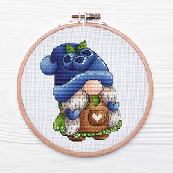 Garden Gnome Small BlueBerry Hat Cross Stitch Pattern PDF, Kawaii Embroidery,Mini Gnome Beginner Needlepoint Chart