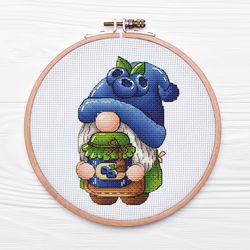 Garden Gnome Cross Stitch Pattern PDF, BlueBerry Jam Kawaii Embroidery, Summer Gnome Digital File, Mini Gnome Beginner
