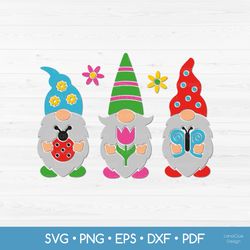 Three Spring Gnomes SVG - Spring Design - Gnomes with Ladybug, Flower and Butterfly SVG PNG DXF EPS PDF