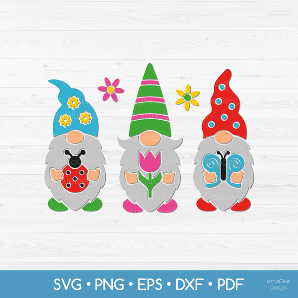 three gnomes holding ladybug flower and butterfly