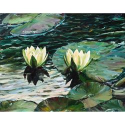 water lilies painting water lily pond oil painting artwork water lily original art wall art 16" by 20"