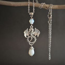 opalite dragon necklace antique silver dragon moonstone pendant necklace witchcraft jewelry
