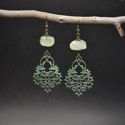 Prehnite green earrings Gemstone antique bronze earrings in vintage style