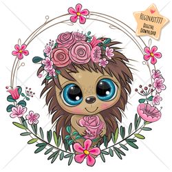 Cute Cartoon Hedgehog PNG, clipart, Sublimation Design, Cool, Print, clip art, Flowers, Pink