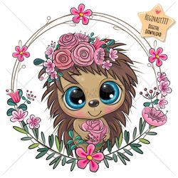 cute cartoon hedgehog png, clipart, sublimation design, cool, print, clip art, flowers, pink