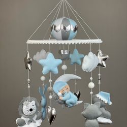 Blue baby mobile for boy. Nursery mobile with a balloon. Hanging blue mobile crib.
