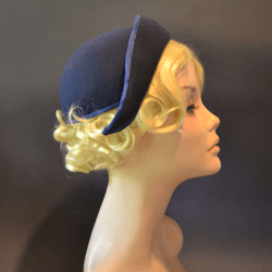 navy blue cloche hat, 1920s style hat, winter hat, half hat, 1930s hat, 1940s