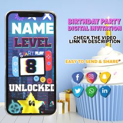 video game invitation, video gamer digital party evite, gaming party invitation, video game birthday invitation