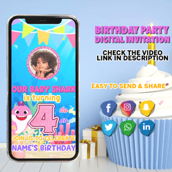 Animated Baby Shark Birthday Invitation, Girl Baby Shark Invitation Video, Cute Baby Shark Video Invitation, Blue Baby