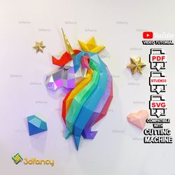 rainbow unicorn papercraft pdf, svg template for cricut, cameo 4, children's room decor, low poly paper, paper craft