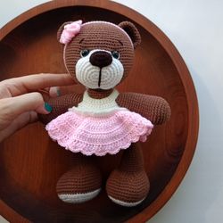 Teddy Bear in dress, Handmade bear, Stuffed bear toy, Amigurumi bear, Cute bear plush, Gift for girlfriend